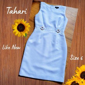 Tahari White Sheath Dress SZ 6 Scoop Neck Sleeveless Knee length Detailed Waist